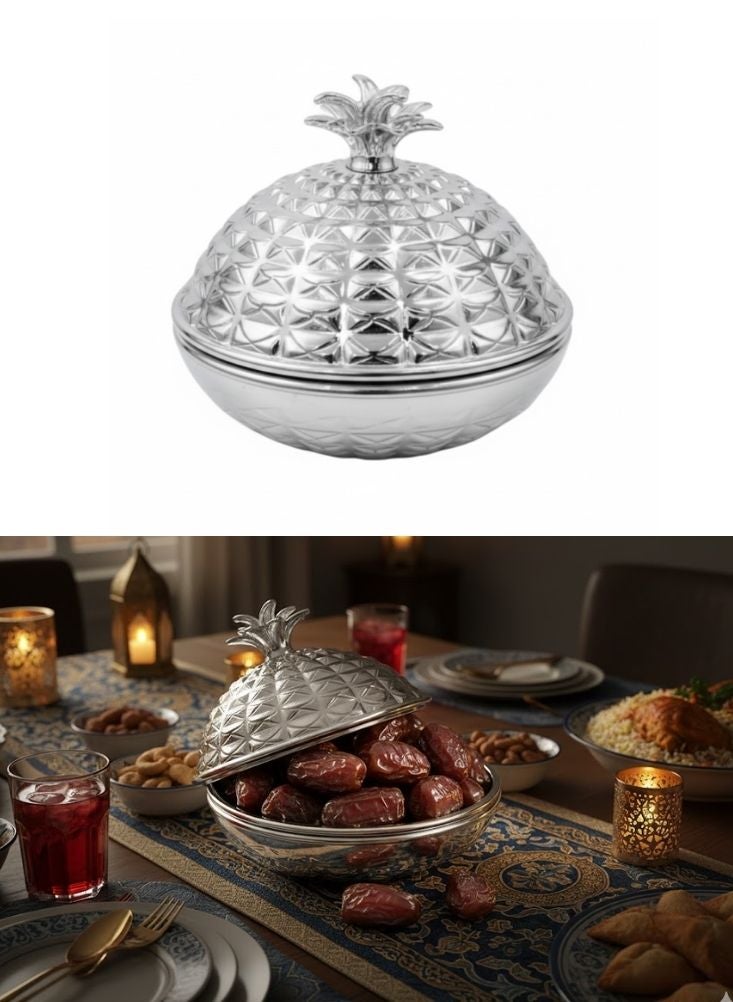 Premium Silver Finish Covered Date Bowl with Textured Design – 1 Pc Ramadan Table Serving Bowl - Image 1